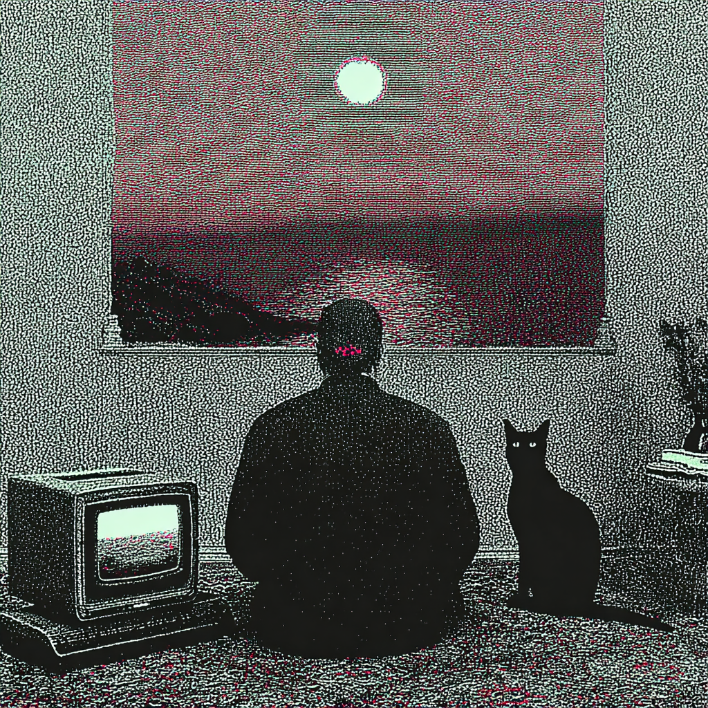 a man with cat watching the sun trough window