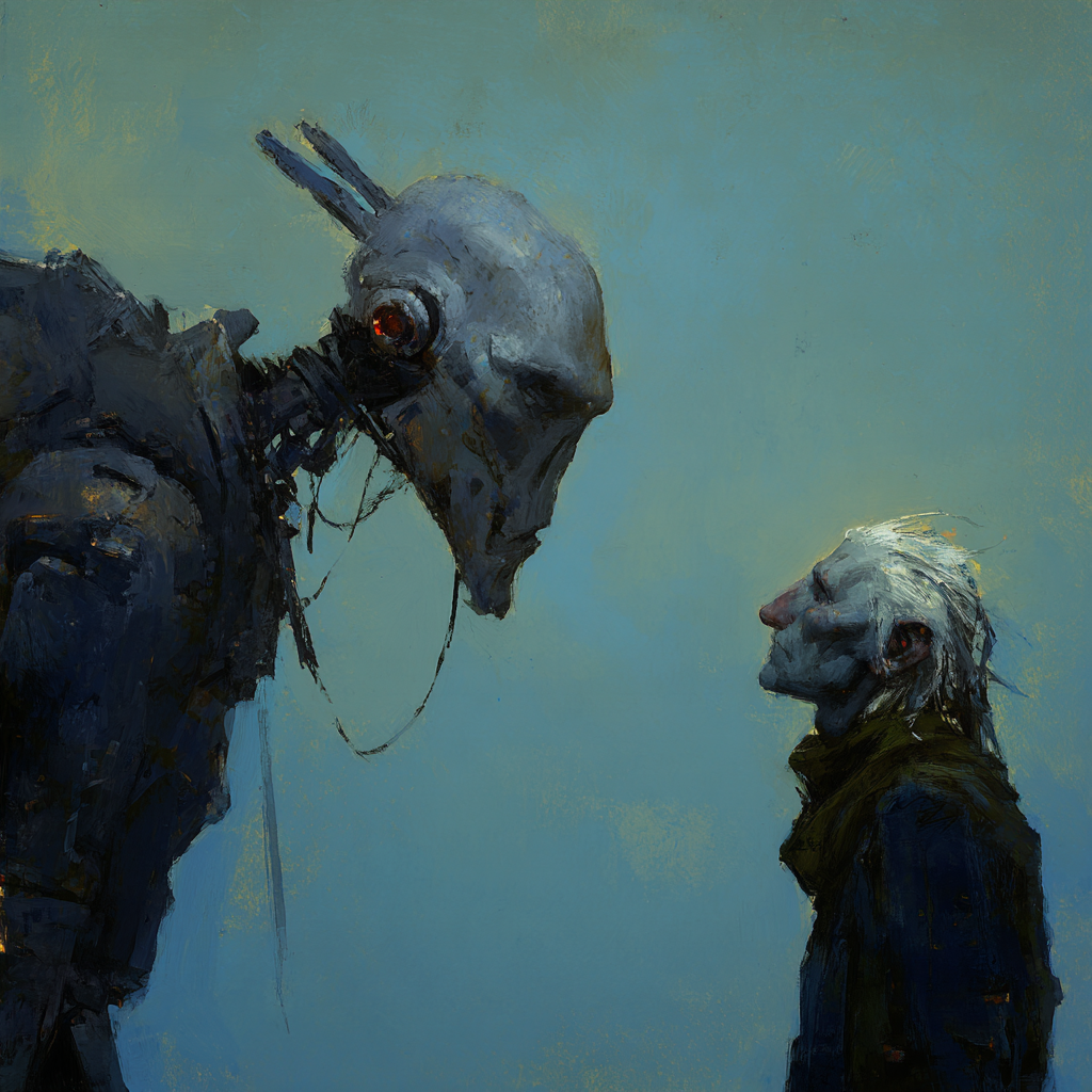 Android patrzy z góry człowiekowi w oczy