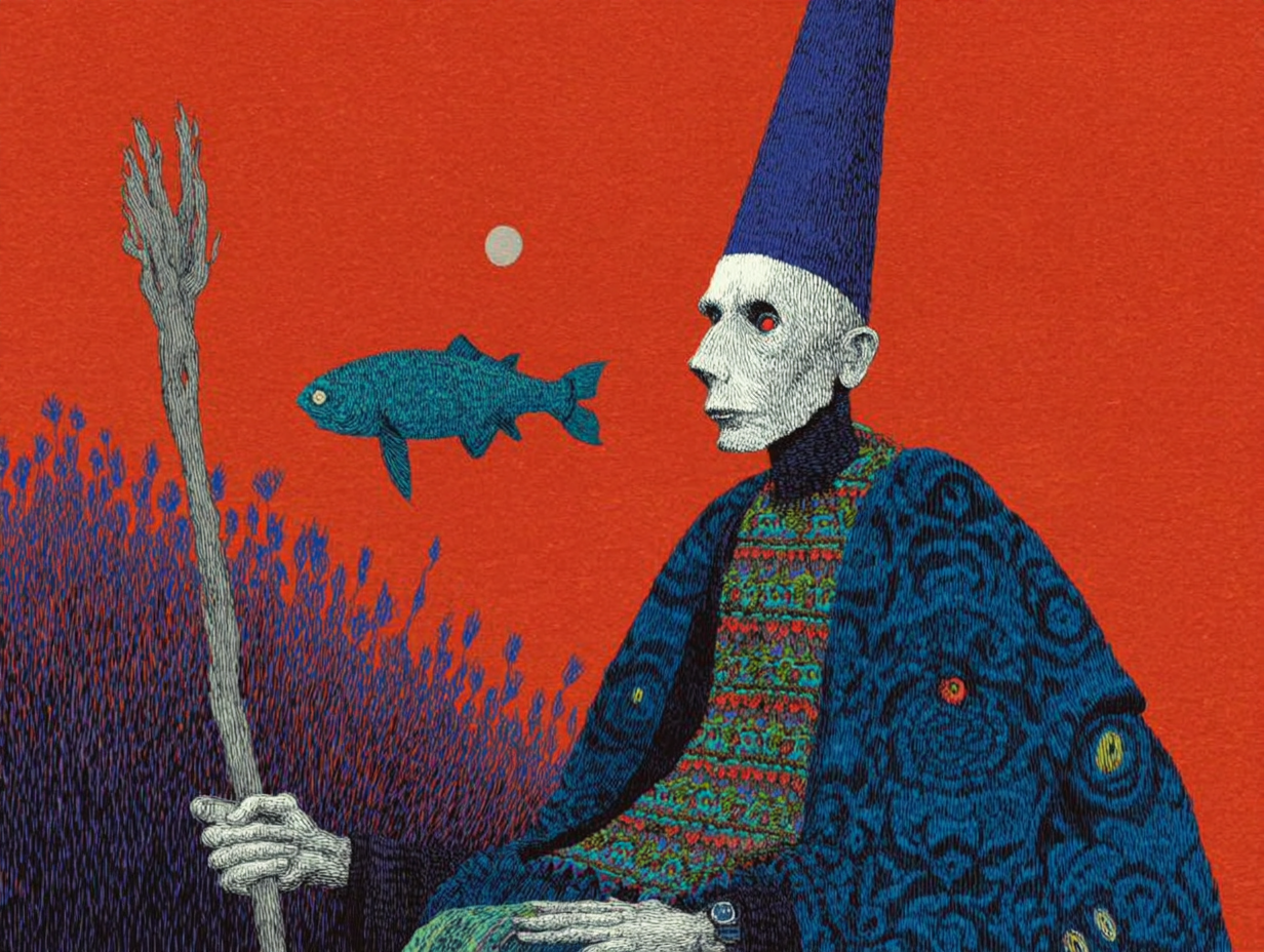 Psychodeliczny obraz człowieka w przebraniu maga i różdzką