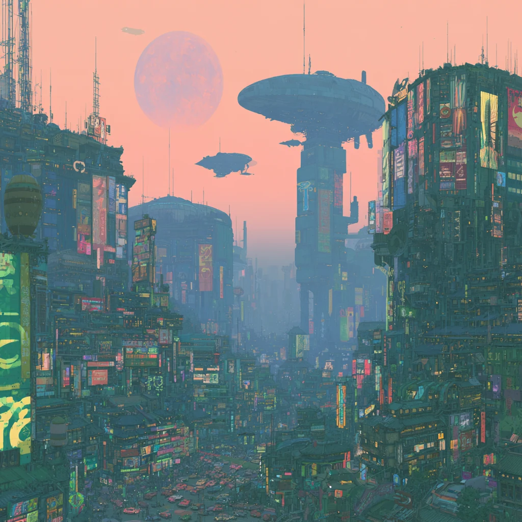 A futuristic Japanese city with neon lights and flying machines under a pink sky — Midjourney V8.1