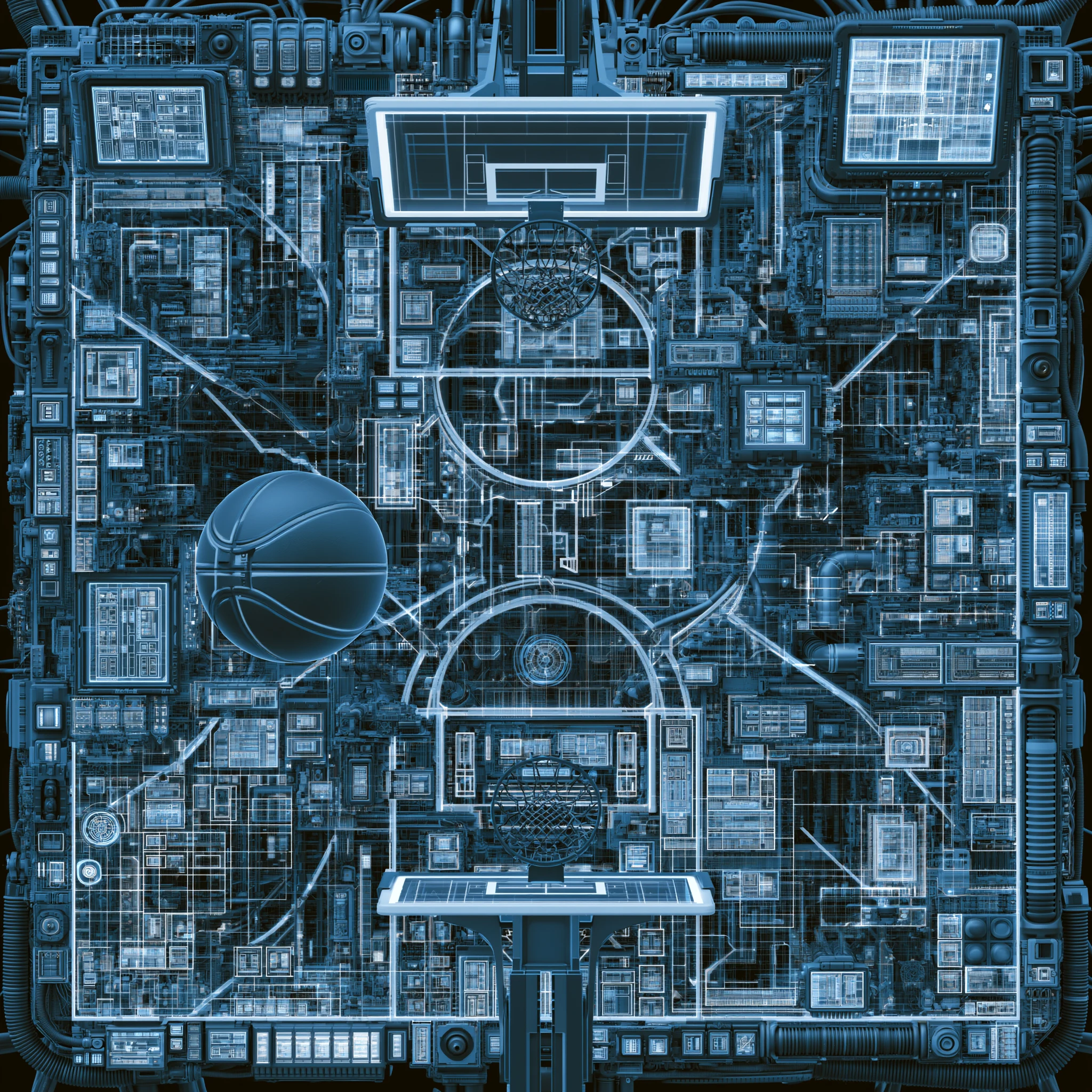 A blue composition with basketball courts, panels and technical diagrams — Midjourney V8.1