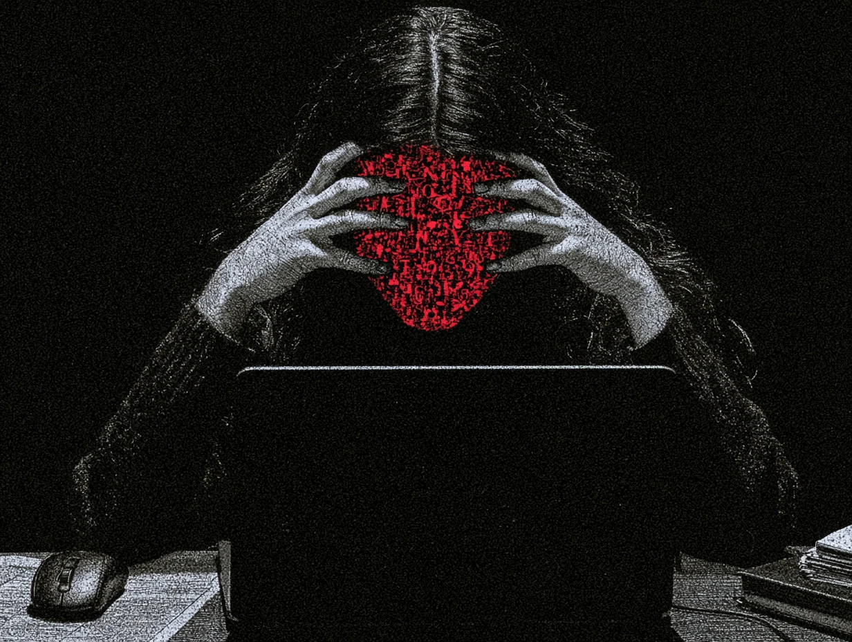 A figure at a laptop holding a red brain-like structure in front of their face