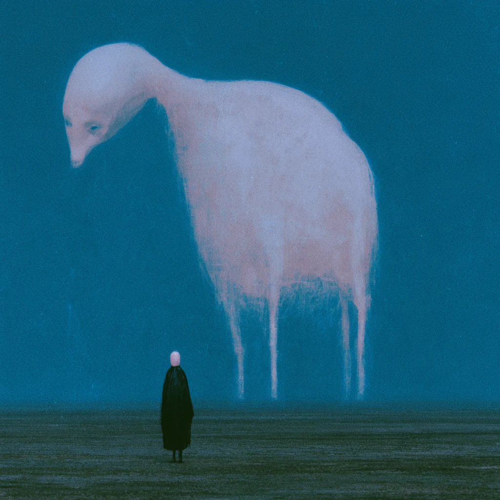 A small human silhouette facing a huge pale bird-like creature — Midjourney V8.2