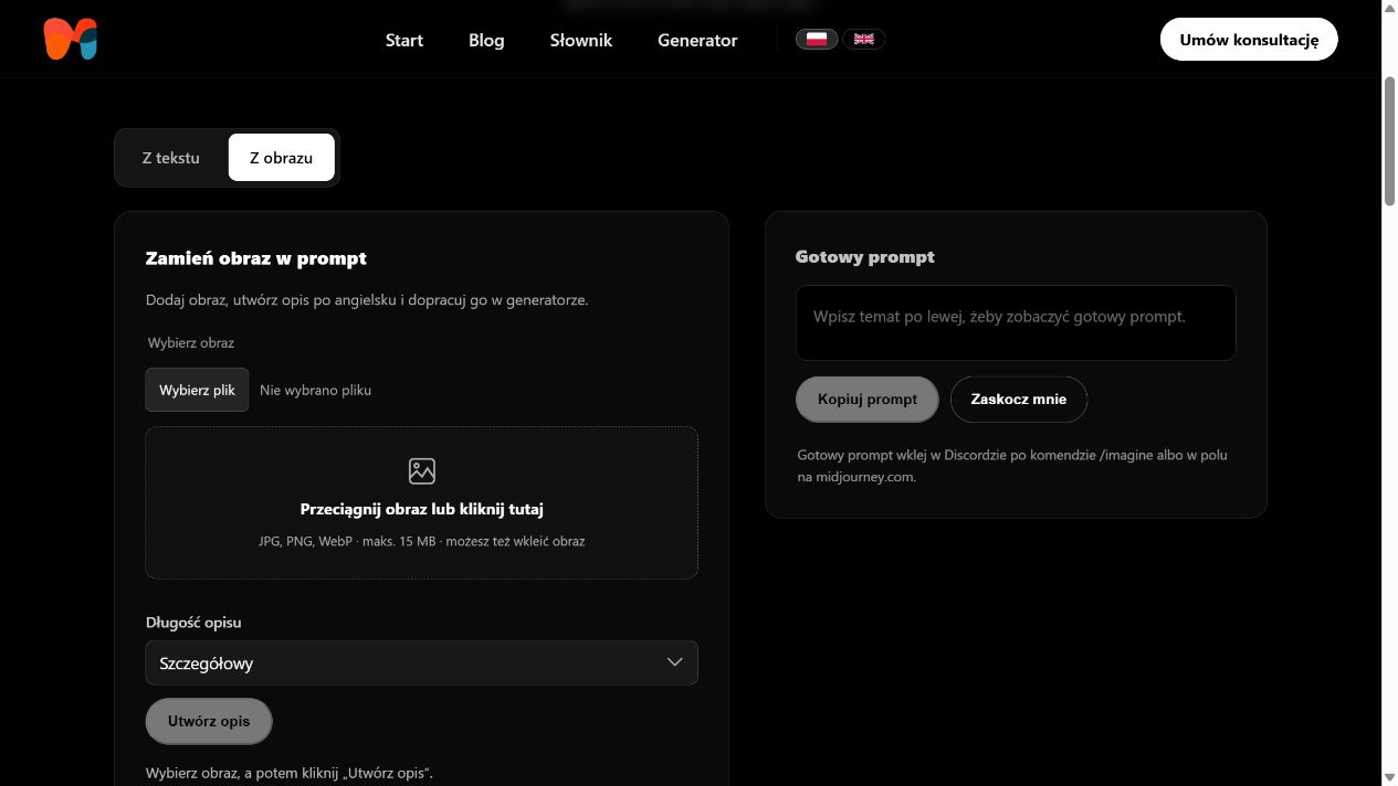 Nasz generator: zakładka dodawania obrazu, przed wyborem pliku.