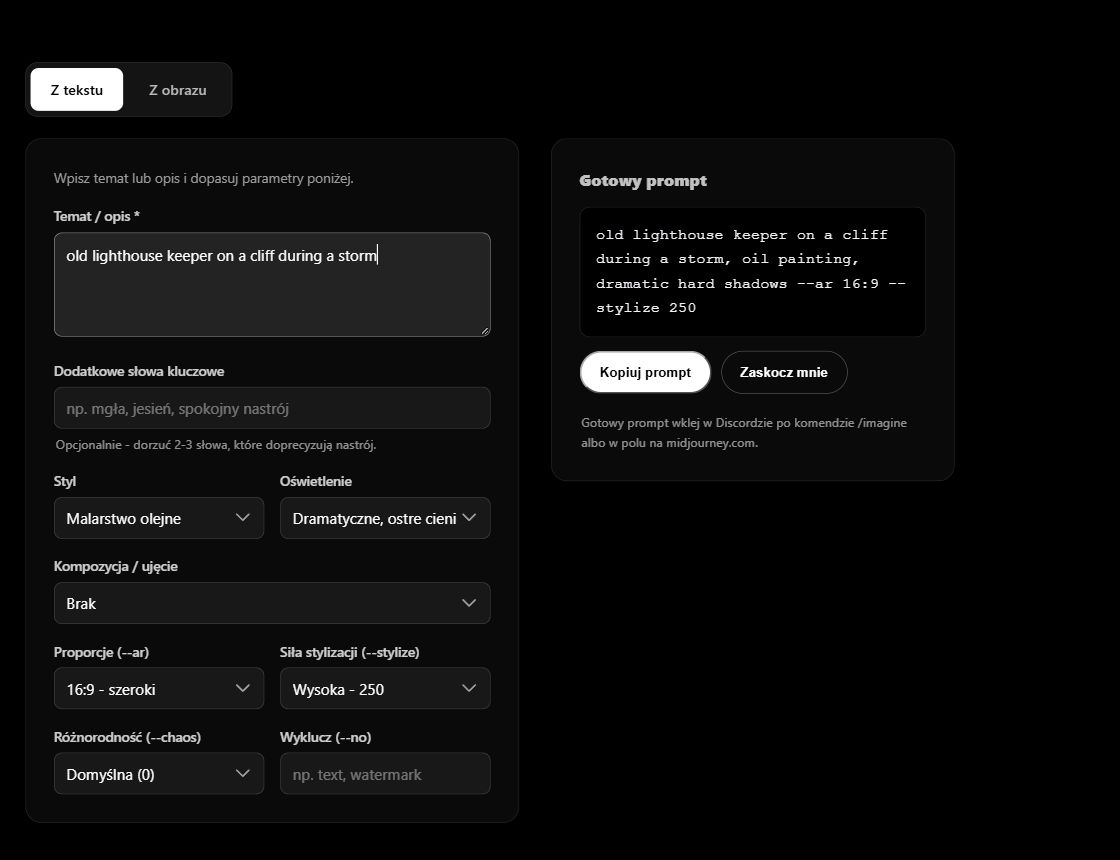Nasz generator: opis i ustawienia po lewej, gotowy prompt po prawej.