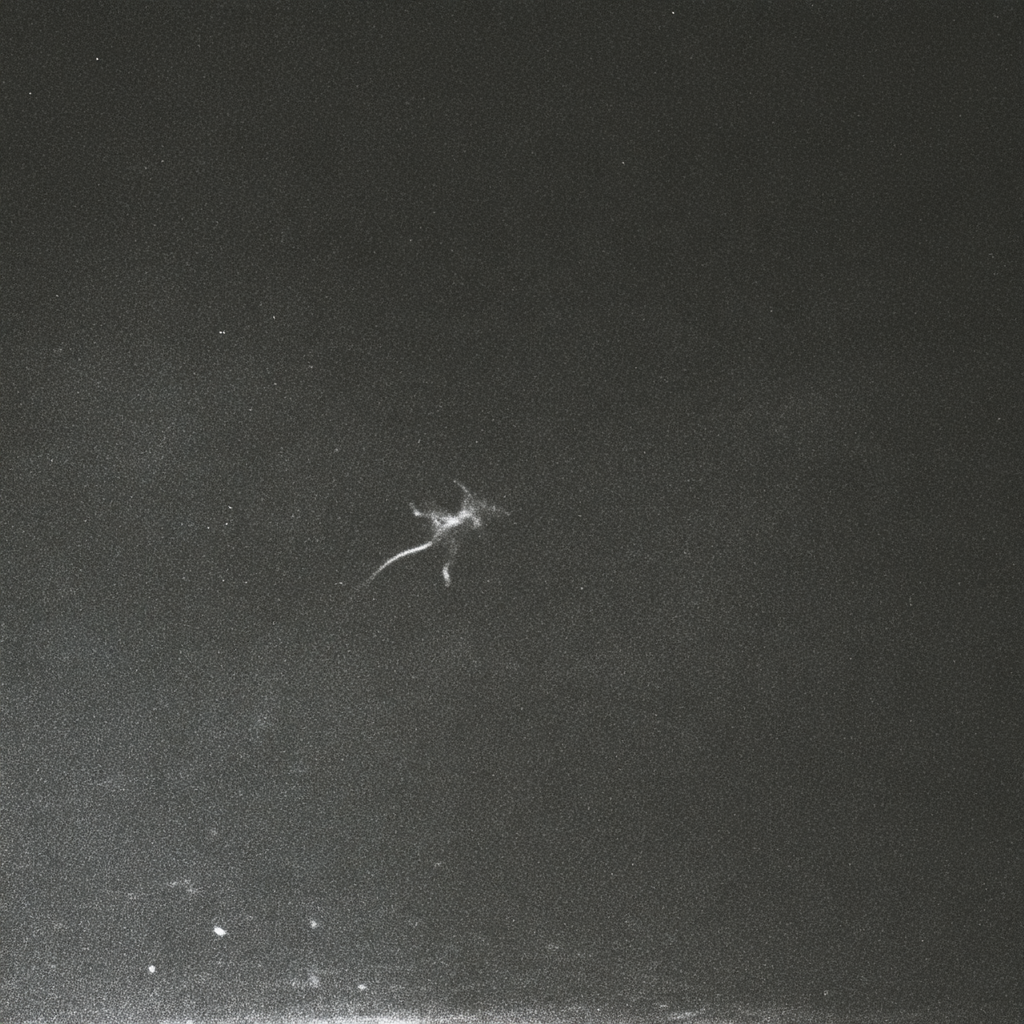 Small bright silhouette with a long tail surrounded by a dark grainy background