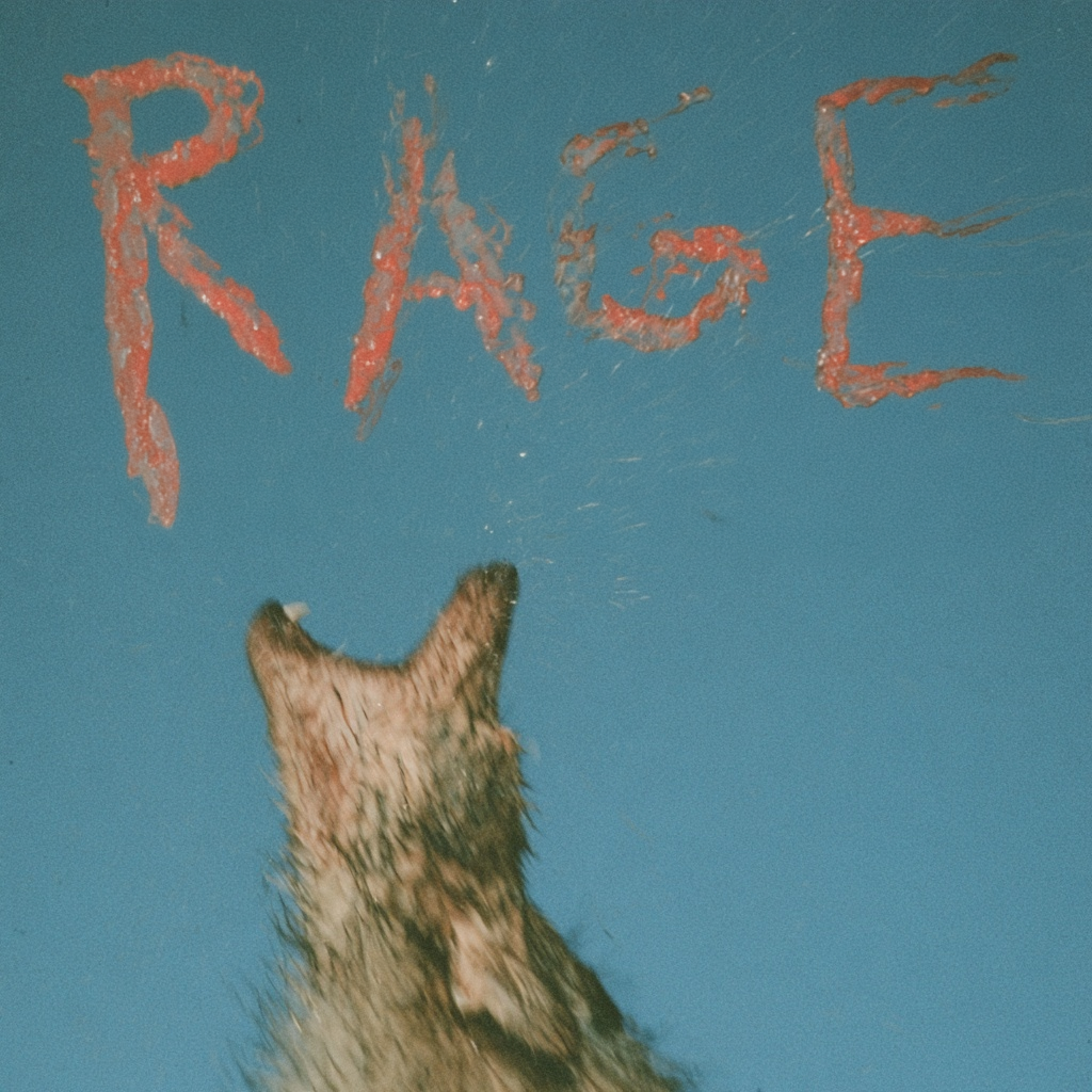 Large orange RAGE lettering above an dog silhouette against a blue background