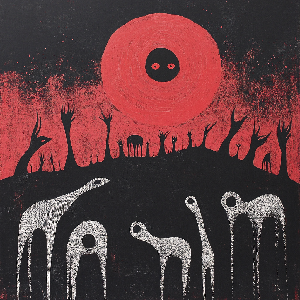 Dziwne stworzenia i czarno czerwone niebo