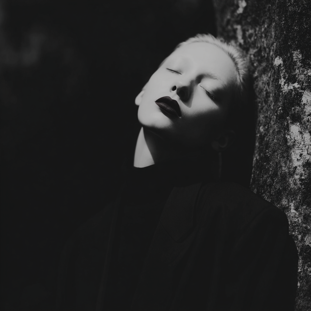 Syntografia: nastrojowy czarno-biały portret kobiety, kadr przypominający analogową fotografię