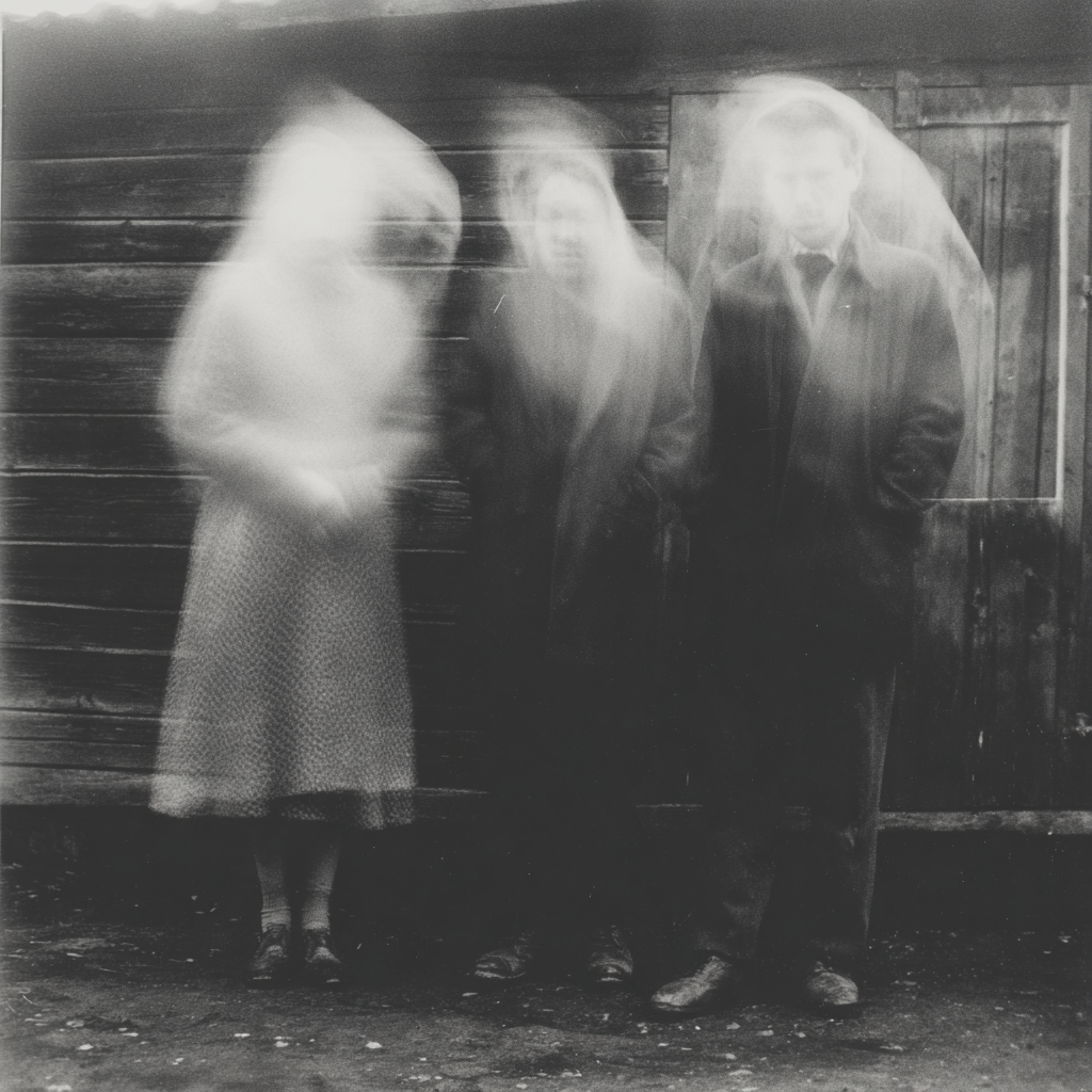 A hazy, blurred old photograph of three figures, echoing 19th-century spirit photography