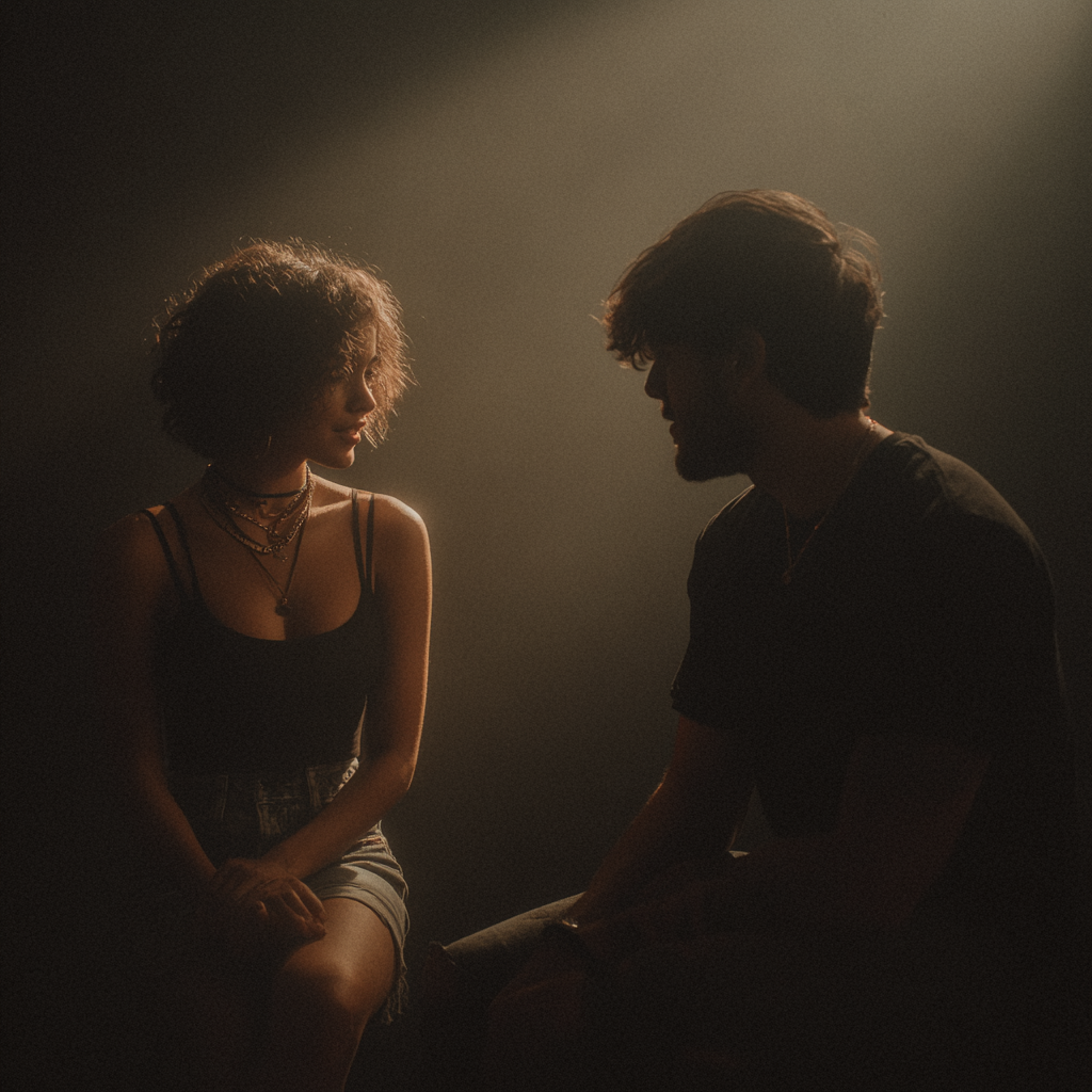 A cinematic, moody frame of two people in a dimmed interior, soft light