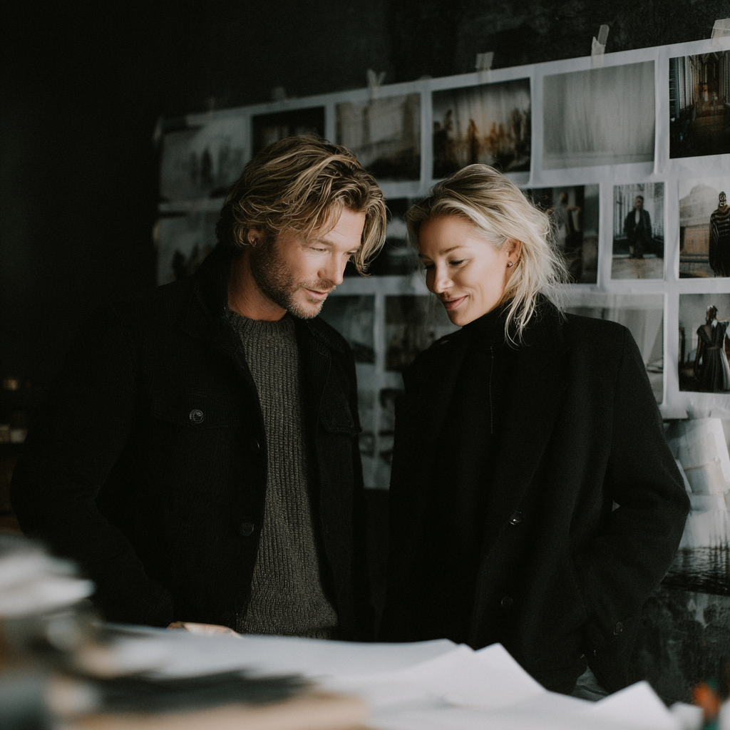 Two creators leaning over a project in a studio, photo prints on the wall, the atmosphere of an analog shoot