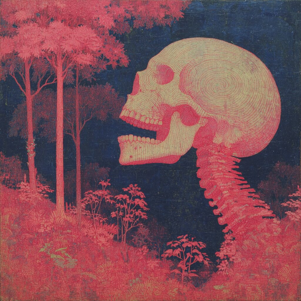 An engraved illustration of a skull in a forest, in pink and cream tones