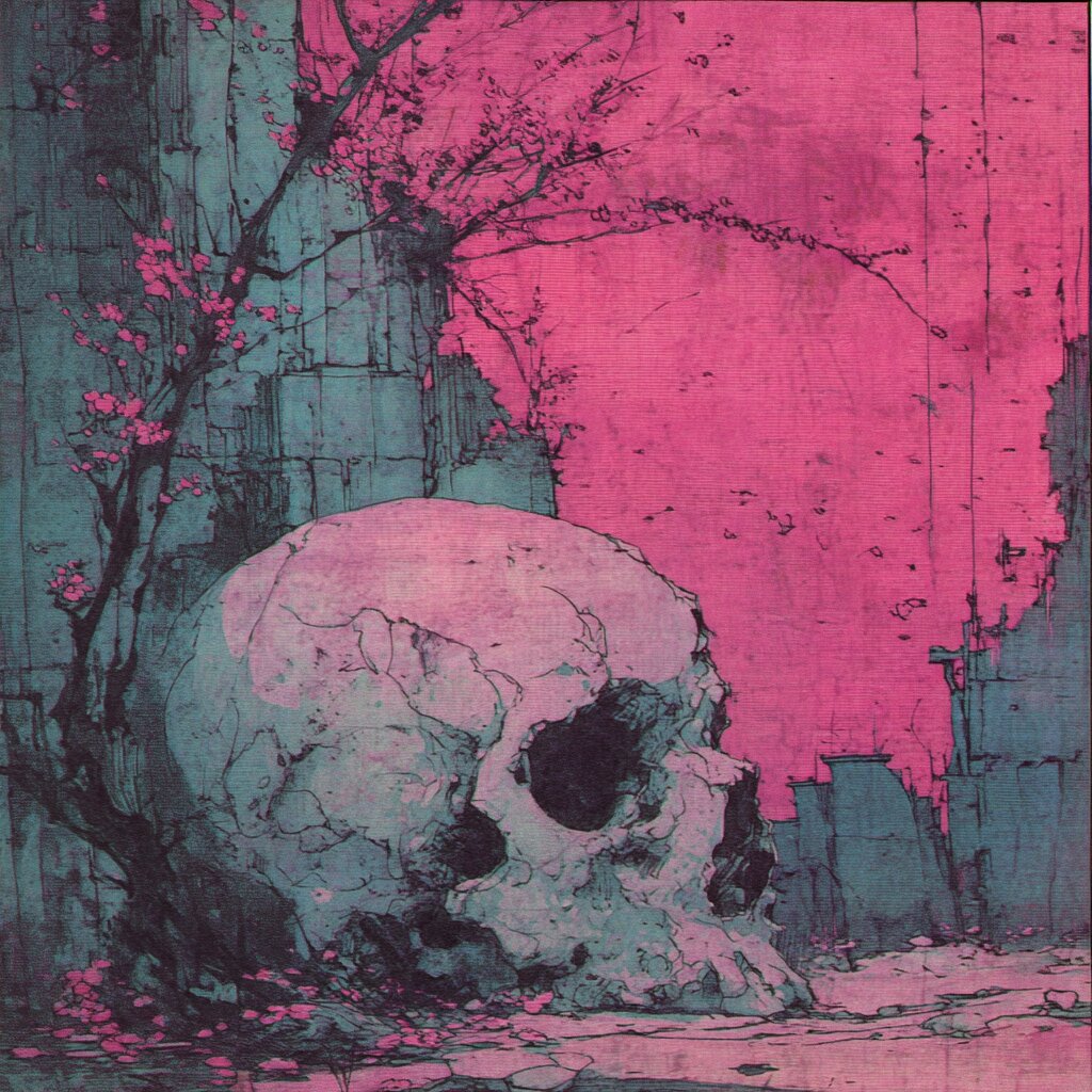 A skull with a cherry blossom branch, in a teal and pink duotone